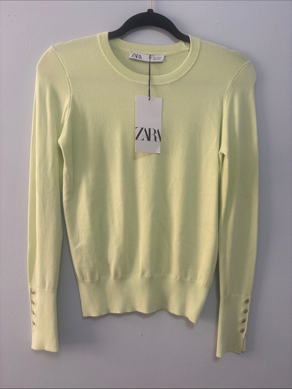 Zara Pale Yellow Crewneck Sweater with Cuff Buttons